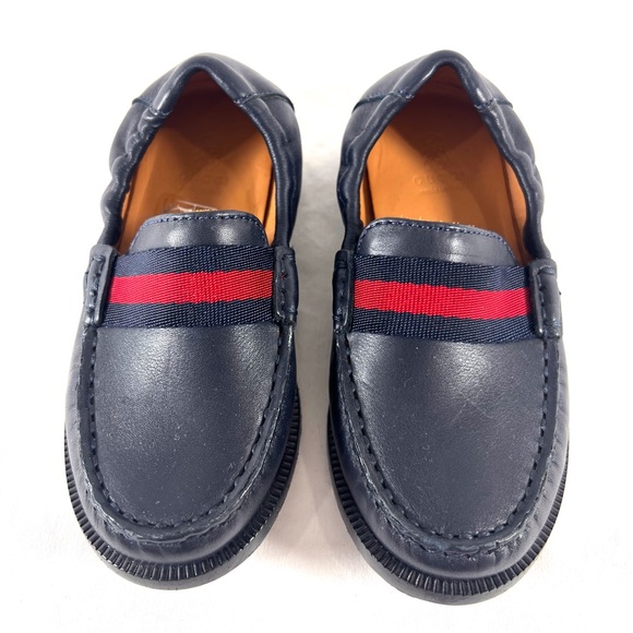 GUCCI 356069 Navy Blue Leather Web Stripes Kids Loafers Made in